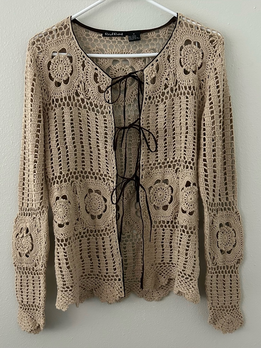 Vintage Y2K 90s Red Paint Crochet Cardigan Sweater M Tan Boho Hippie Tie Front